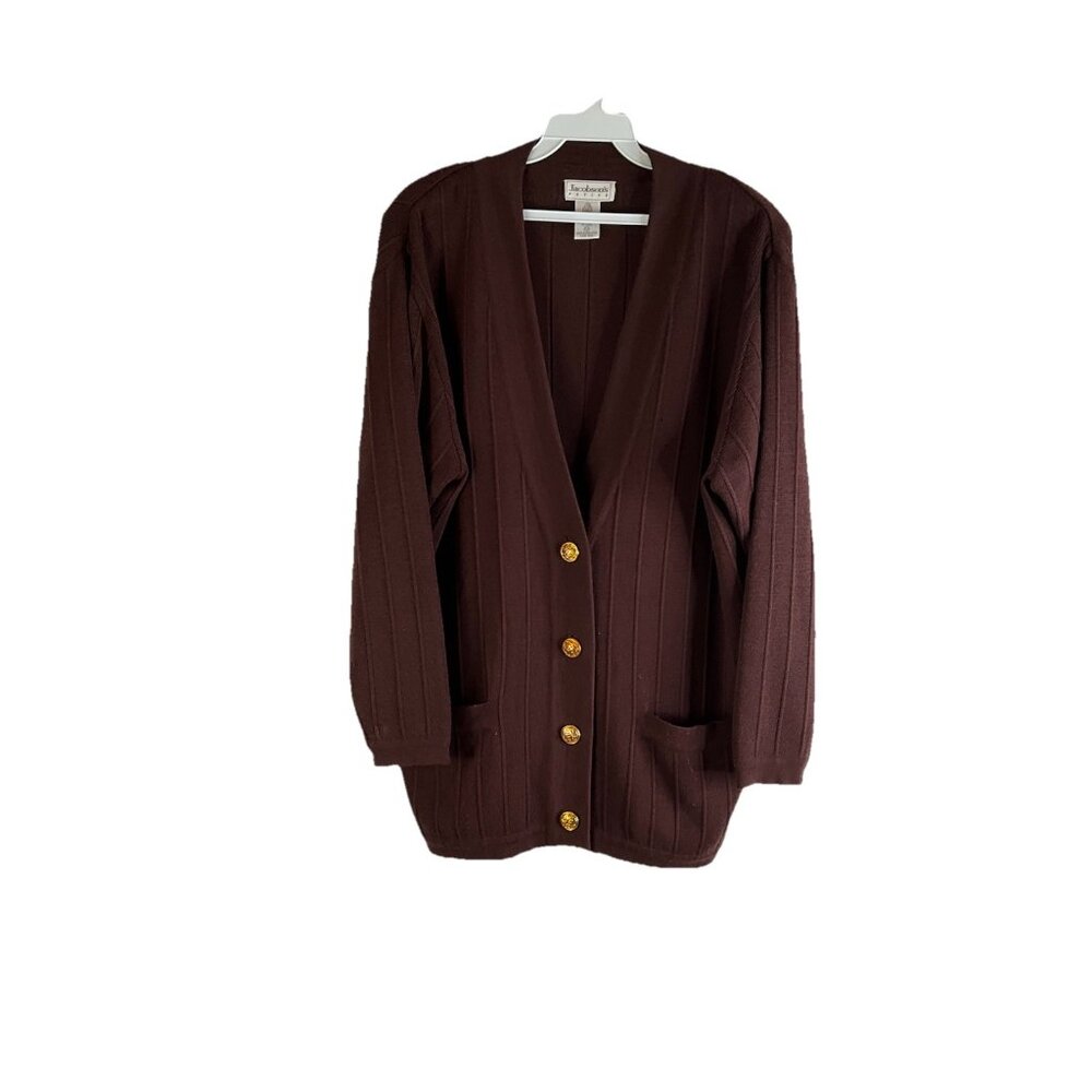 Vintage 80s Wool Ribbed Cardigan Sweater Coat Brown Money Clean Gir